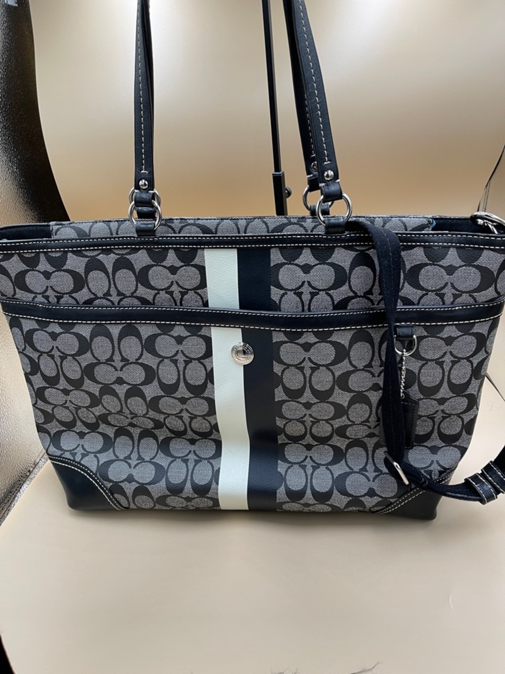 Coach Signature Stripe Tote Black and Light Gray Denim Canvas Look Work or Baby - Picture 1 of 11